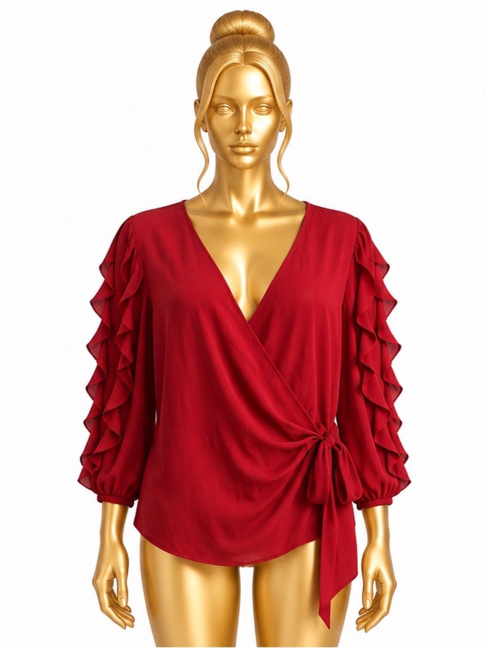 New York & Company Red Ruffle Sleeve Wrap Blouse XL Tie Waist
